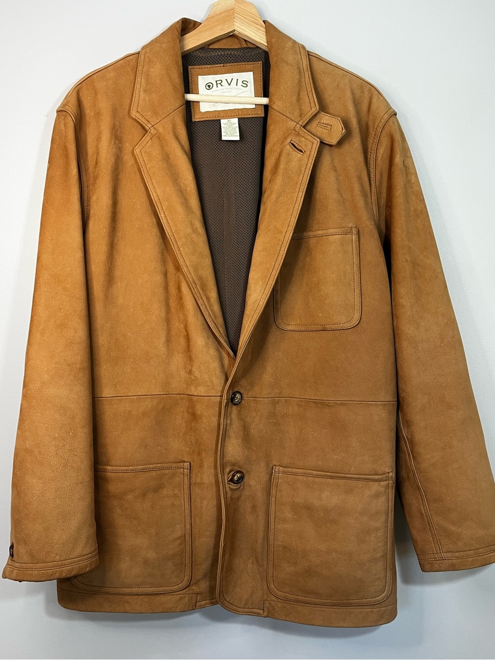 Orvis Mens Leather Field Jacket Blazer Sport Coat 42 Tan Cognac 2 Button Western